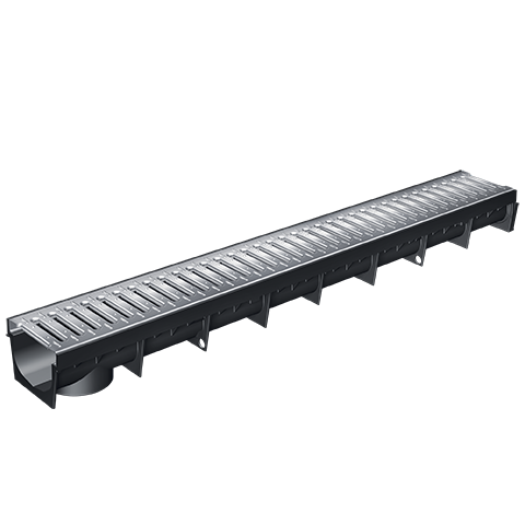 detail Žlab odvodňovací MEA PARK 100 1000 mm PE-HD + pozinkovaný rošt A15 kN