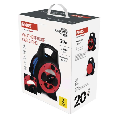 detail Kabel prodlužovací na bubnu EMOS 20 m / 3 zásuvky / 2x USB-A / 1,5 mm2 / nemrznoucí PVC / modrý