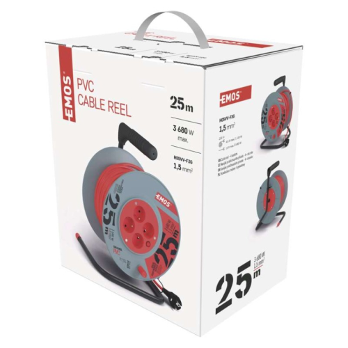 detail Kabel prodlužovací na bubnu EMOS 25 m / 4 zásuvky / 1,5 mm2 / PVC / pohyblivý střed / červený