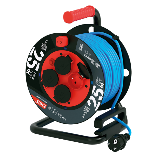 Kabel prodlužovací na bubnu EMOS 25 m / 4 zásuvky / 1,5 mm2 / nemrznoucí PVC / pohyblivý střed / modrý